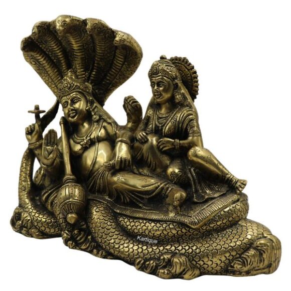 Brass Metals Astadhatu Idol Murti Vishnu with Lakshmi Resting Upon Shesha Naag Laxmi Narayan Statue on Sheshnag Gold Color for Home Mandir Pooja Heavy Size 7.5 KG - Image 3
