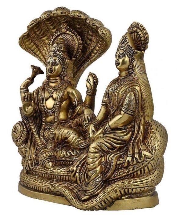Lord Vishnu with Lakshmi Rest Upon Shesha Naag | Brass Laxmi Narayan Statue (7.5″ x 3.5″ x 8″) brass murti - Image 3