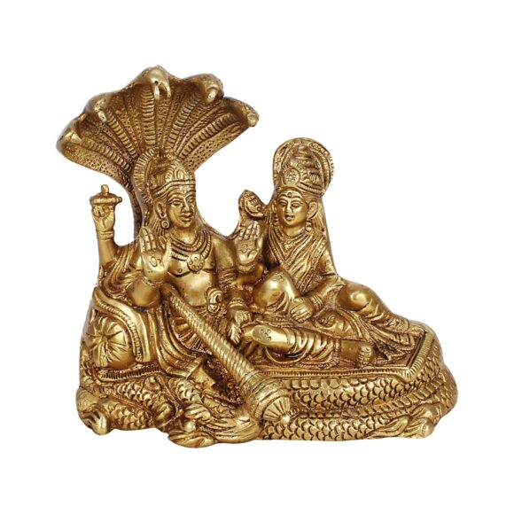 Lord Vishnu with Lakshmi Rest Upon Shesha Naag | Brass Laxmi Narayan Statue (7″ x 4.5″ x 6″) brass murti