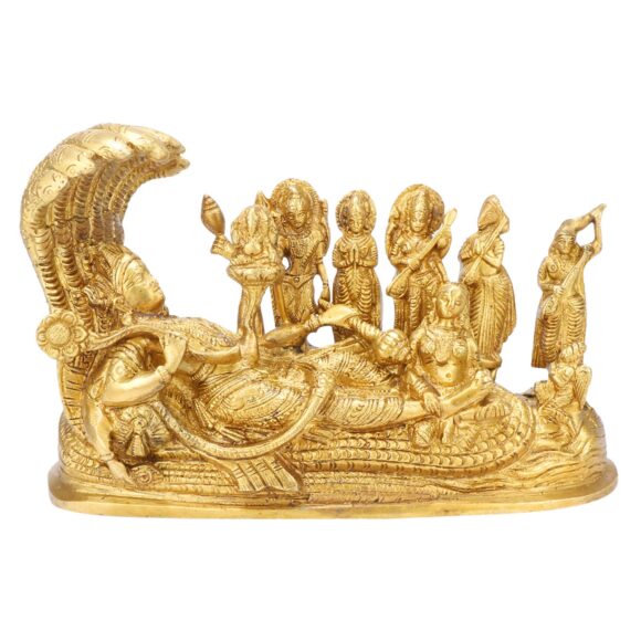 Brass Lord Vishnu Bhagwan Resting on Sheshnaag Laxmi Ji Pressing Legs Surrounded by Garuda for Home Office Decor Entrance Mandir Good Luck Gift