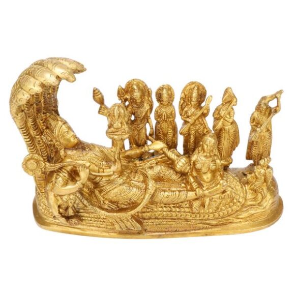 Brass Lord Vishnu Bhagwan Resting on Sheshnaag Laxmi Ji Pressing Legs Surrounded by Garuda for Home Office Decor Entrance Mandir Good Luck Gift - Image 2