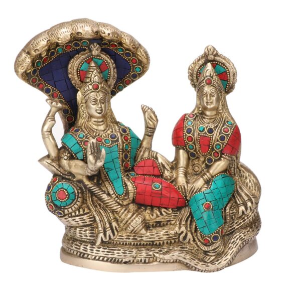 Lord Vishnu with Lakshmi Rest Upon Shesha Naag | Multicolor Gemstone Handwork Idol | Brass Laxmi Narayan Statue (7.5″ x 3.5″ x 8″)