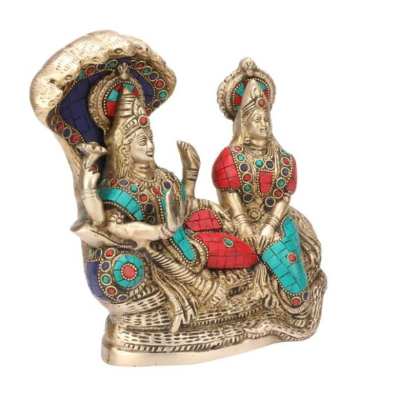 Lord Vishnu with Lakshmi Rest Upon Shesha Naag | Multicolor Gemstone Handwork Idol | Brass Laxmi Narayan Statue (7.5″ x 3.5″ x 8″) - Image 2