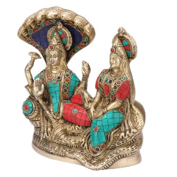 Lord Vishnu with Lakshmi Rest Upon Shesha Naag | Multicolor Gemstone Handwork Idol | Brass Laxmi Narayan Statue (7.5″ x 3.5″ x 8″) - Image 3