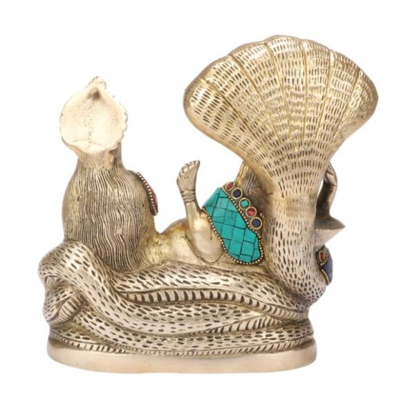 Lord Vishnu with Lakshmi Rest Upon Shesha Naag | Multicolor Gemstone Handwork Idol | Brass Laxmi Narayan Statue (7.5″ x 3.5″ x 8″) - Image 4