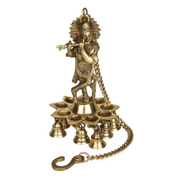 Brass Wall Hanging Lord Krishna Makhan Chor Laddu Gopal Oil Lamp with Bells | Home Decor