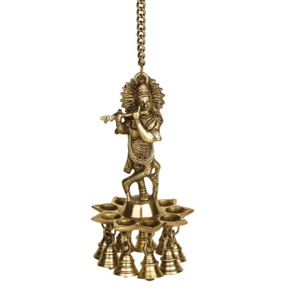 Brass Wall Hanging Lord Krishna Makhan Chor Laddu Gopal Oil Lamp with Bells | Home Decor - Image 2