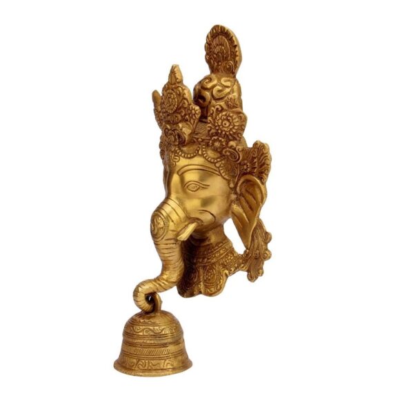 Brass Ganesha Face Wall Hanging with Bell on Trunk Home Decor Antique Look (Dimension LxBxH :13Cm X 21Cm X 25 cm) Weight : 1400 GMS