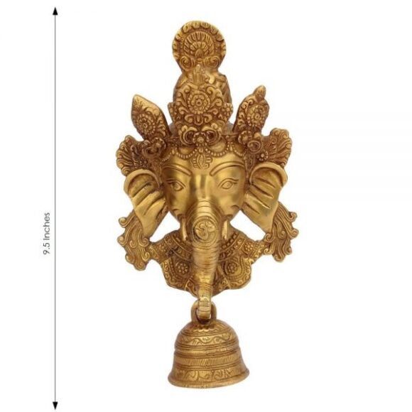 Brass Ganesha Face Wall Hanging with Bell on Trunk Home Decor Antique Look (Dimension LxBxH :13Cm X 21Cm X 25 cm) Weight : 1400 GMS - Image 2