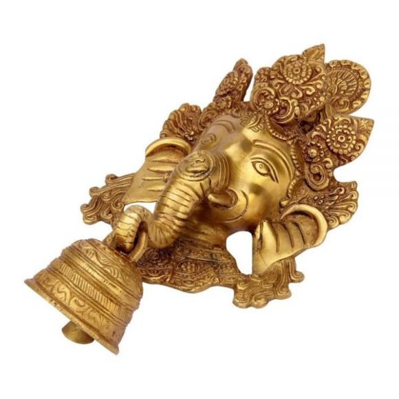 Brass Ganesha Face Wall Hanging with Bell on Trunk Home Decor Antique Look (Dimension LxBxH :13Cm X 21Cm X 25 cm) Weight : 1400 GMS - Image 3