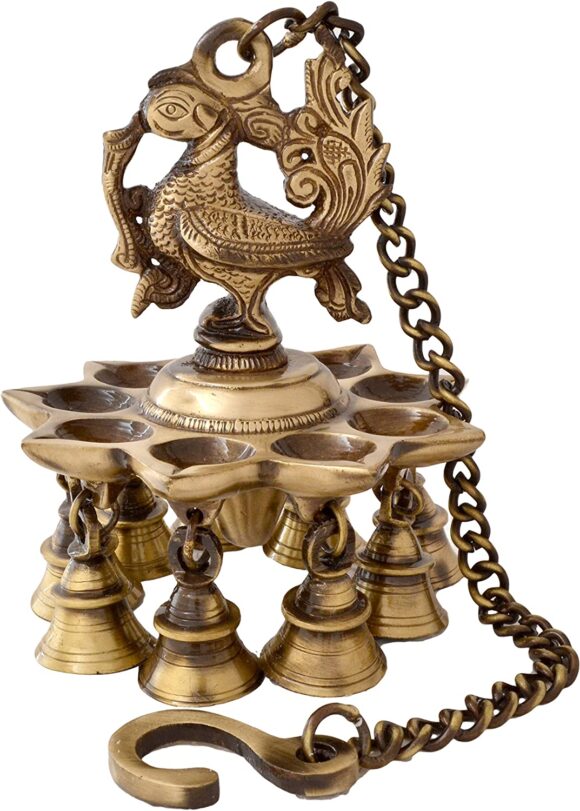Peacock Design Brass Hanging Diya with Bells (Pack of 1)