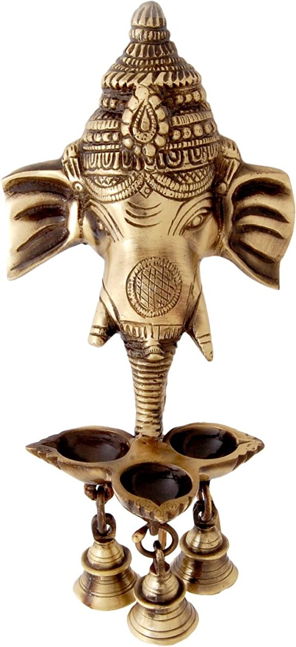 Brass Antique Ganesha Wall Hanging Deepak/Diya with Bells for Home Decor (Brown)