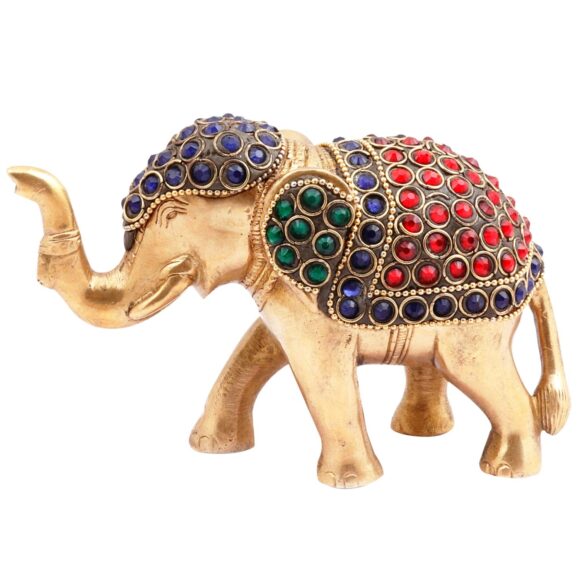 Brass Idol ‘Airaavat, The Divine Elephant’: Rare Statue with Glittering Gemstones; Feng Shui Vastu Good Luck Charm