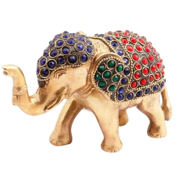 Brass Idol ‘Airaavat, The Divine Elephant’: Rare Statue with Glittering Gemstones; Feng Shui Vastu Good Luck Charm - Image 2