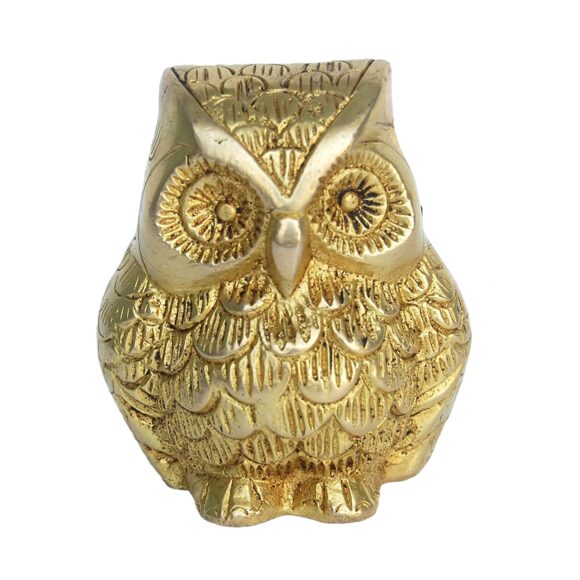 Brass Unique Animal Figurine of Sitting Owl Decorative Metal Showpiece Item in Yellow Finish for Table Decor of Your Office