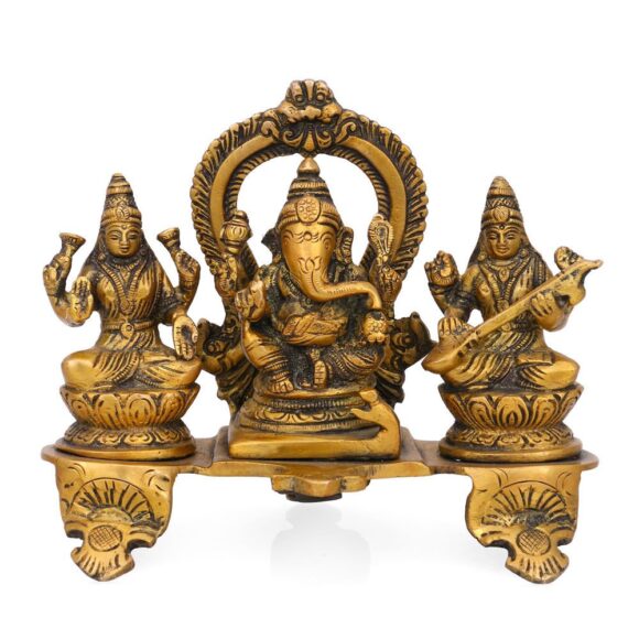 Brass Ganesh Lakshmi Saraswati Idol, 5.5 Inches Height, Gold