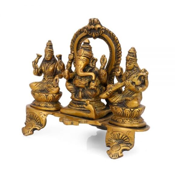 Brass Ganesh Lakshmi Saraswati Idol, 5.5 Inches Height, Gold - Image 2