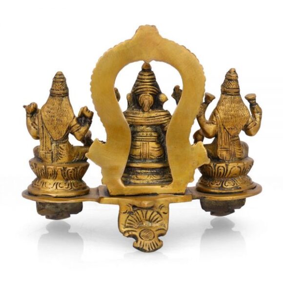 Brass Ganesh Lakshmi Saraswati Idol, 5.5 Inches Height, Gold - Image 3