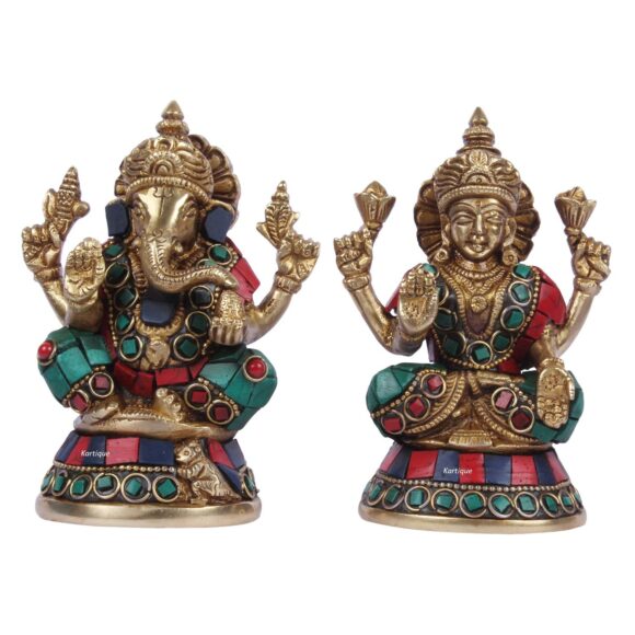 Brass Laxmi Ganesh Bhagwan Idol Ganpati Murti Metal Statue with Sitting Laxmi Ji for Home Office Success Entrance Decor Pooja Good Luck Hindu Gift Multi Color Stone Work 4.5 Inches 1.7 KG