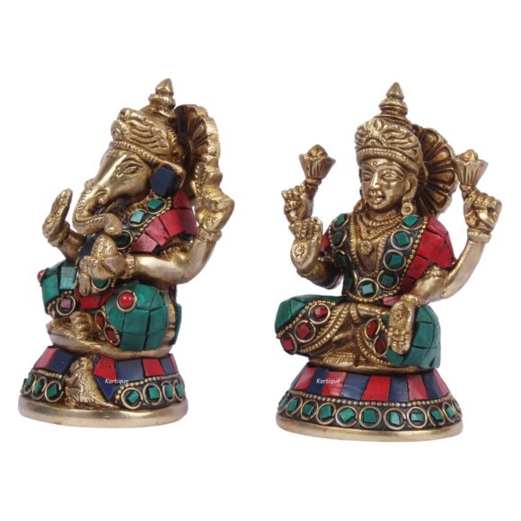 Brass Laxmi Ganesh Bhagwan Idol Ganpati Murti Metal Statue with Sitting Laxmi Ji for Home Office Success Entrance Decor Pooja Good Luck Hindu Gift Multi Color Stone Work 4.5 Inches 1.7 KG - Image 2