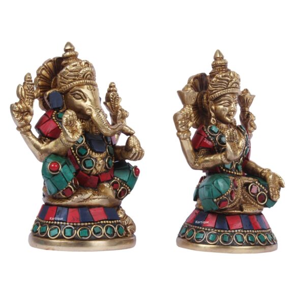 Brass Laxmi Ganesh Bhagwan Idol Ganpati Murti Metal Statue with Sitting Laxmi Ji for Home Office Success Entrance Decor Pooja Good Luck Hindu Gift Multi Color Stone Work 4.5 Inches 1.7 KG - Image 3