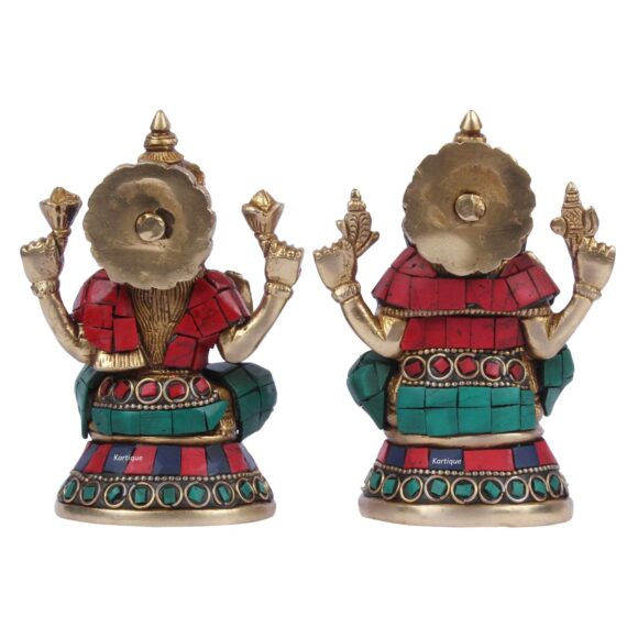 Brass Laxmi Ganesh Bhagwan Idol Ganpati Murti Metal Statue with Sitting Laxmi Ji for Home Office Success Entrance Decor Pooja Good Luck Hindu Gift Multi Color Stone Work 4.5 Inches 1.7 KG - Image 4