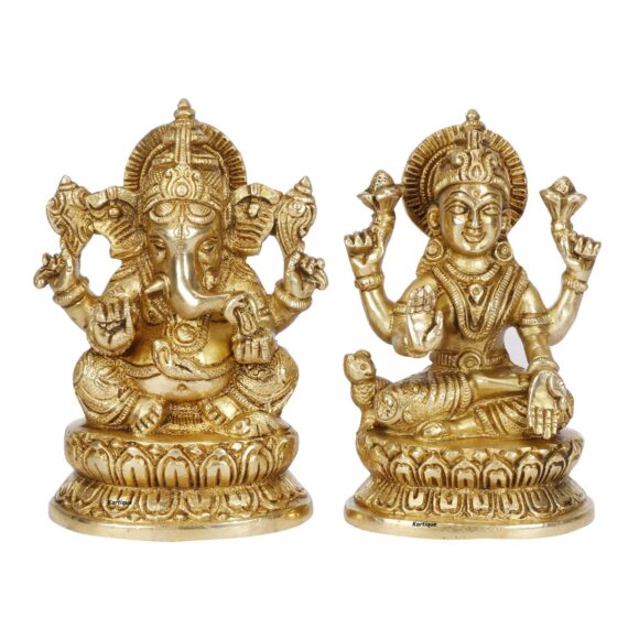 Brass Laxmi Ganesh Bhagwan Idol Ganpati Murti Metal Statue with Sitting Laxmi Ji for Home Office Success Entrance Decor Pooja Good Luck Hindu Gift Fine Carving Gold Color 5 Inches