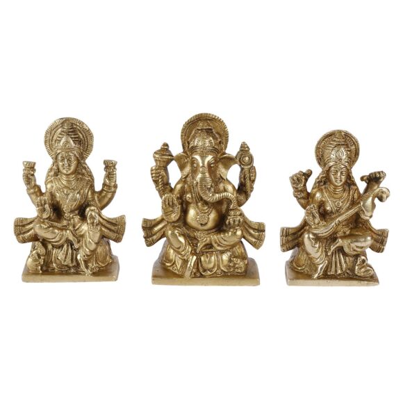 Brass Laxmi Ganesh Saraswati Idol for Home Puja Office Success Entrance Decor Pooja Good Luck Gift Gold Color 4.5 Inch