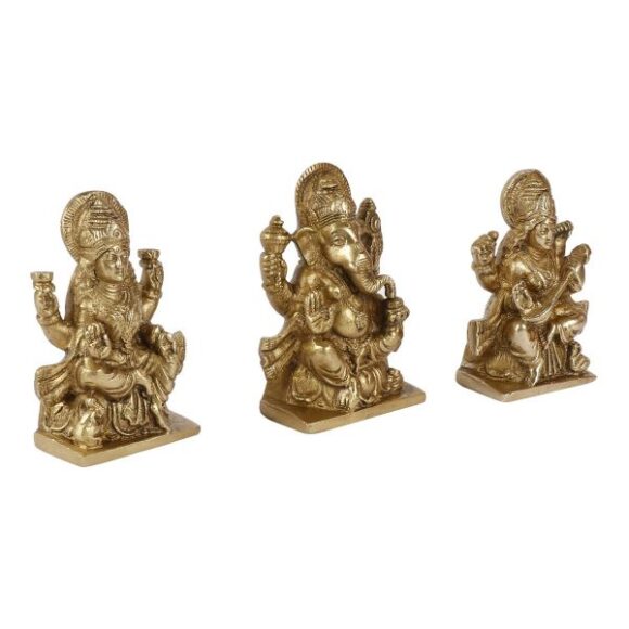Brass Laxmi Ganesh Saraswati Idol for Home Puja Office Success Entrance Decor Pooja Good Luck Gift Gold Color 4.5 Inch - Image 2