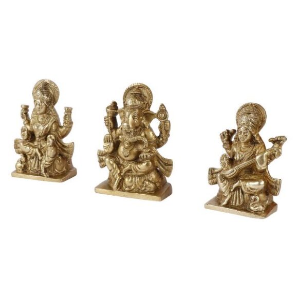 Brass Laxmi Ganesh Saraswati Idol for Home Puja Office Success Entrance Decor Pooja Good Luck Gift Gold Color 4.5 Inch - Image 3