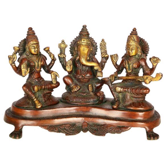 Brass Laxmi Ganesh Saraswati Idol | Ganesha Statue | Ganpati Murti | for Home Decor | Gift | (Antique Brown)