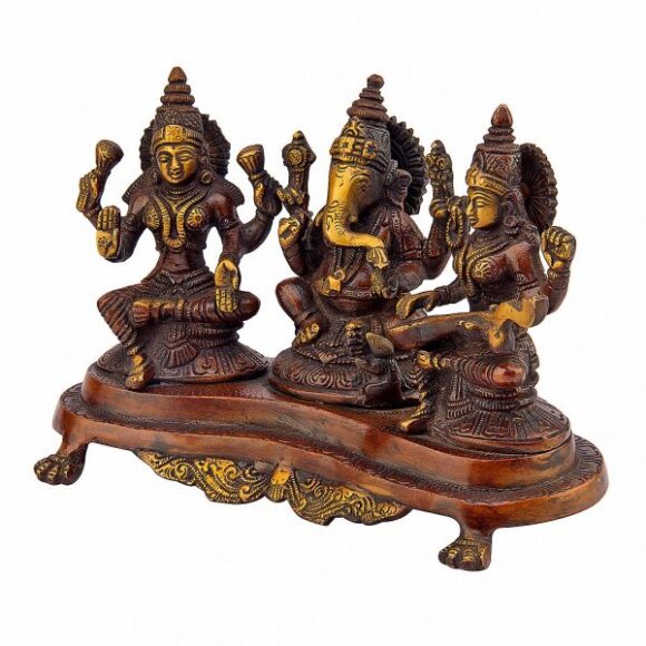 Brass Laxmi Ganesh Saraswati Idol | Ganesha Statue | Ganpati Murti | for Home Decor | Gift | (Antique Brown) - Image 2
