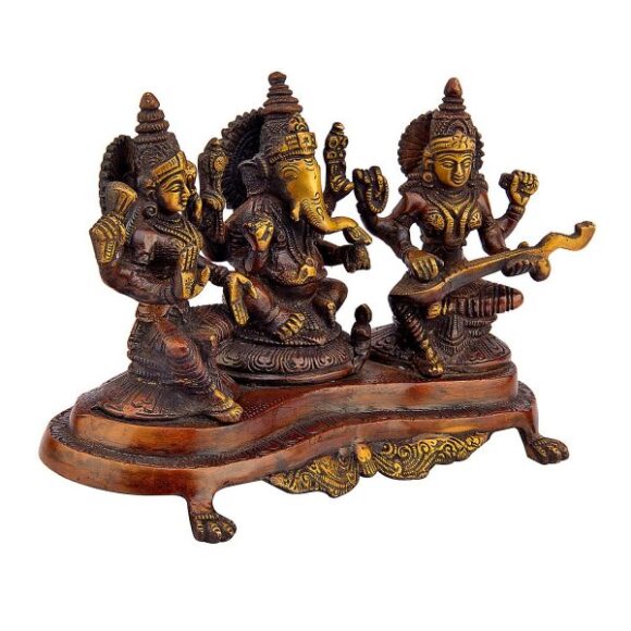 Brass Laxmi Ganesh Saraswati Idol | Ganesha Statue | Ganpati Murti | for Home Decor | Gift | (Antique Brown) - Image 3