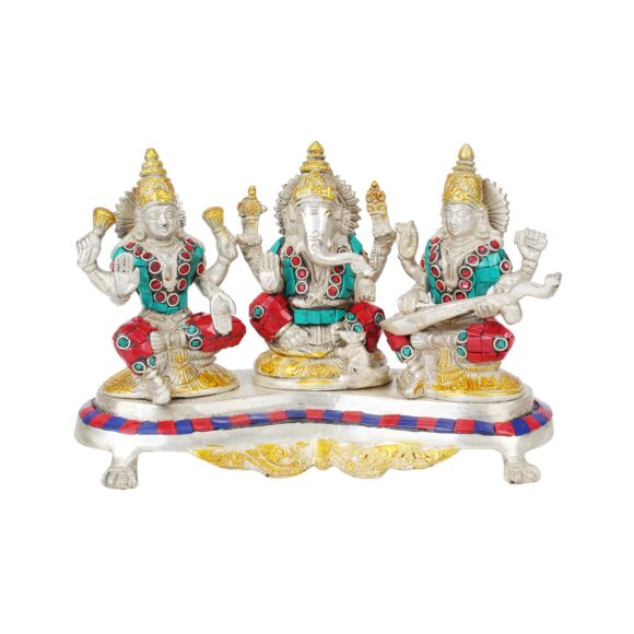 Brass Laxmi Ganesh Saraswati Idol | Ganesha Statue | Ganpati Murti | for Home Decor | Gift | (Siver and Gold Color with Gemstone Handwork)