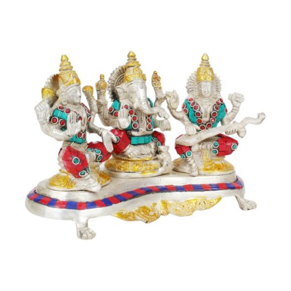 Brass Laxmi Ganesh Saraswati Idol | Ganesha Statue | Ganpati Murti | for Home Decor | Gift | (Siver and Gold Color with Gemstone Handwork) - Image 2