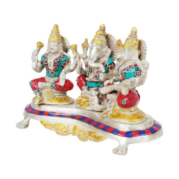 Brass Laxmi Ganesh Saraswati Idol | Ganesha Statue | Ganpati Murti | for Home Decor | Gift | (Siver and Gold Color with Gemstone Handwork) - Image 3