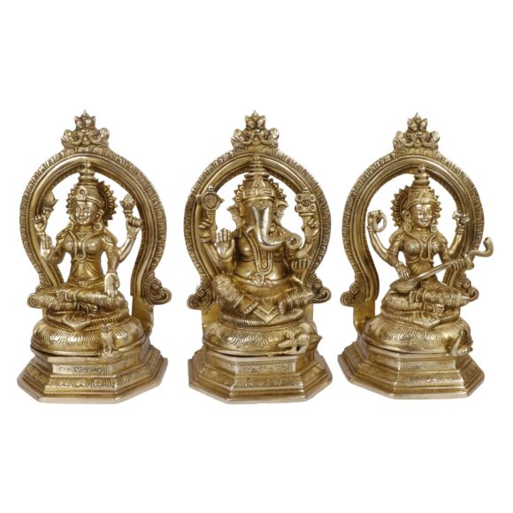 Brass Laxmi Ganesh Saraswati Bhagwan Idol Ganpati Murti Metal Statue with Frame for Home Office Success Entrance Decor Pooja Good Luck Gift Gold Color 11.5 Inches