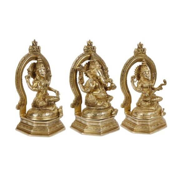 Brass Laxmi Ganesh Saraswati Bhagwan Idol Ganpati Murti Metal Statue with Frame for Home Office Success Entrance Decor Pooja Good Luck Gift Gold Color 11.5 Inches - Image 2