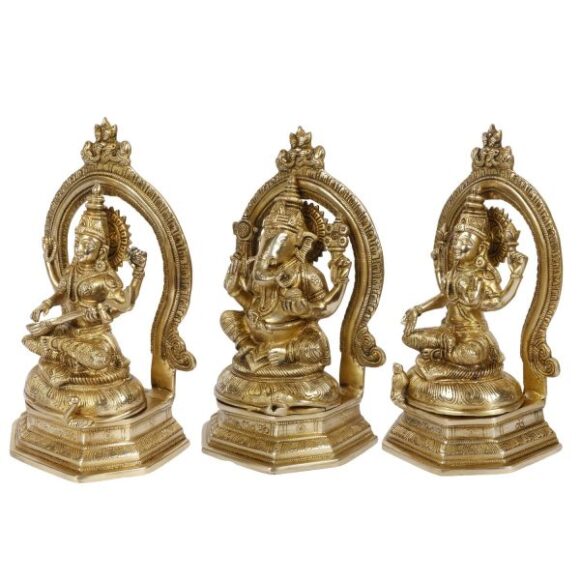 Brass Laxmi Ganesh Saraswati Bhagwan Idol Ganpati Murti Metal Statue with Frame for Home Office Success Entrance Decor Pooja Good Luck Gift Gold Color 11.5 Inches - Image 3
