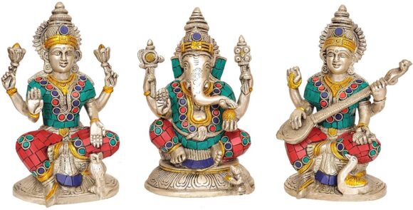 Brass Lakshmi Ganesh Saraswati Idol, 6.5 x 4 x 3 Inches, Silver, Gold, 3 Piece