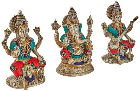 Brass Lakshmi Ganesh Saraswati Idol, 6.5 x 4 x 3 Inches, Silver, Gold, 3 Piece - Image 2