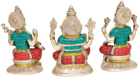 Brass Lakshmi Ganesh Saraswati Idol, 6.5 x 4 x 3 Inches, Silver, Gold, 3 Piece - Image 3