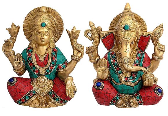 Lord Ganesh Laxmi Idols – Ganesha Lakshmi Golden Multicolor – Seated Pose – Diety Laxmi Ganesh Brass Statue – Diwali Gifts