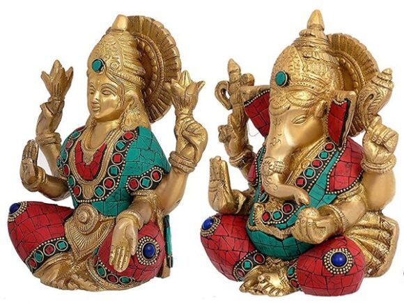 Lord Ganesh Laxmi Idols – Ganesha Lakshmi Golden Multicolor – Seated Pose – Diety Laxmi Ganesh Brass Statue – Diwali Gifts - Image 2