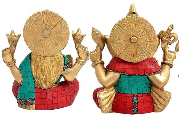 Lord Ganesh Laxmi Idols – Ganesha Lakshmi Golden Multicolor – Seated Pose – Diety Laxmi Ganesh Brass Statue – Diwali Gifts - Image 3