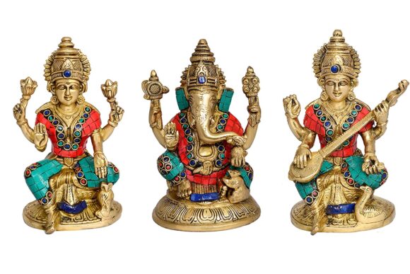Lakshmi (Laxmi), Ganesha, Saraswati, Set of 3 Lord Statues Turquoise Brass Handmade Hindu God Idol Dipawali Puja, Gifts Hieght 6.5 Inches