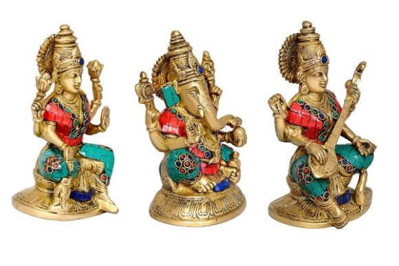 Lakshmi (Laxmi), Ganesha, Saraswati, Set of 3 Lord Statues Turquoise Brass Handmade Hindu God Idol Dipawali Puja, Gifts Hieght 6.5 Inches - Image 2