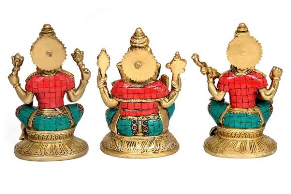 Lakshmi (Laxmi), Ganesha, Saraswati, Set of 3 Lord Statues Turquoise Brass Handmade Hindu God Idol Dipawali Puja, Gifts Hieght 6.5 Inches - Image 3