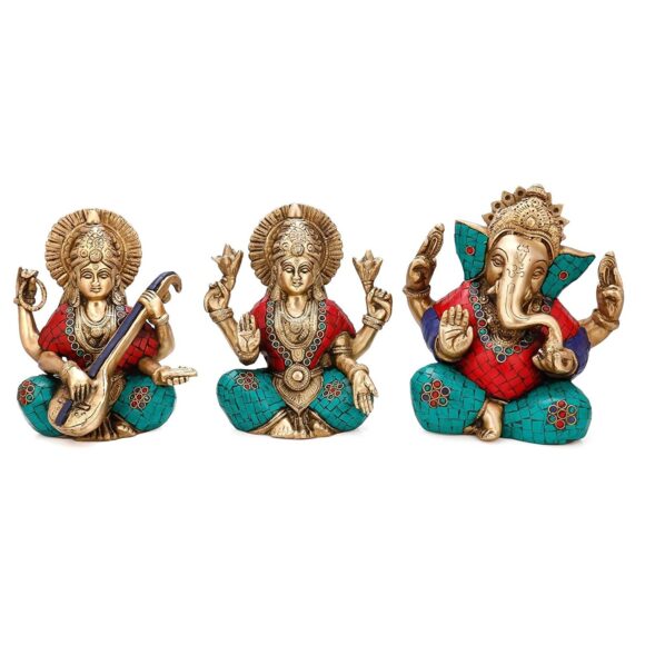 Brass Lakshmi Ganesh Saraswati Statue Set (15 cm x 5 cm x 18 cm)