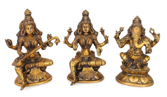 Brass Ganesh Lakshmi Saraswati Idol, 7.5 Inches Height, Gold